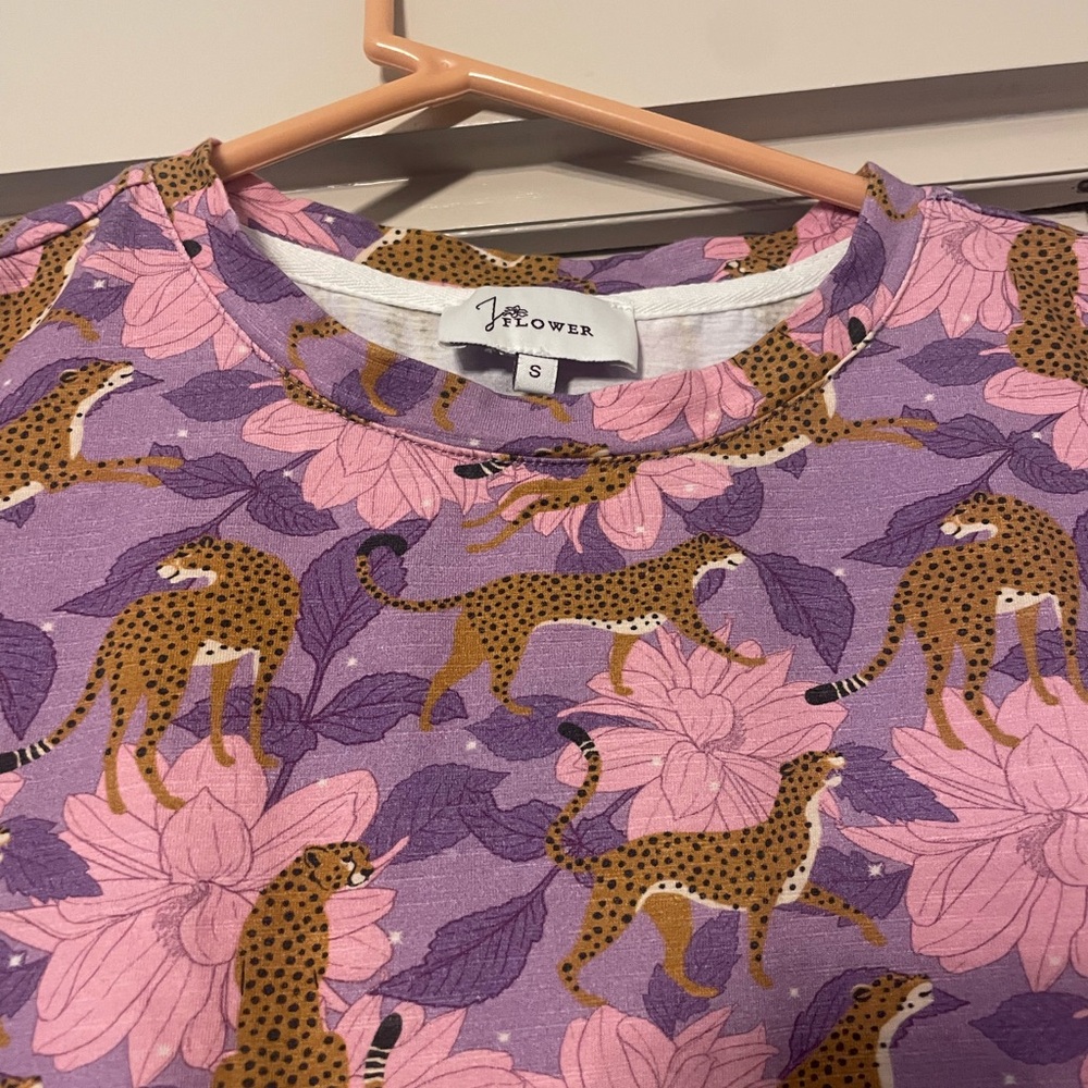 JoFlower women’s t-shirt dress, pink & purple, size small cheetah print